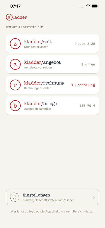 Kladder-Startseite mit den vier Bereichen und ihrem Stand