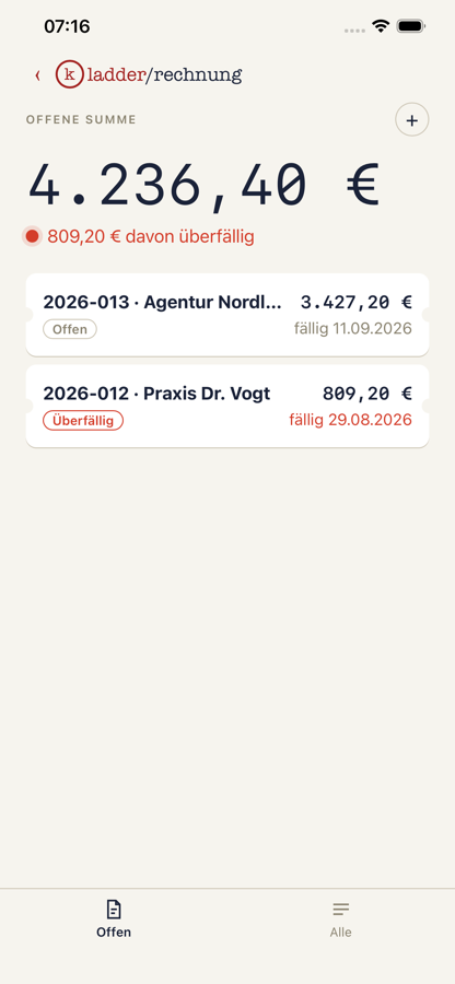 Bereich Rechnung: offene Summe und Rechnungsliste