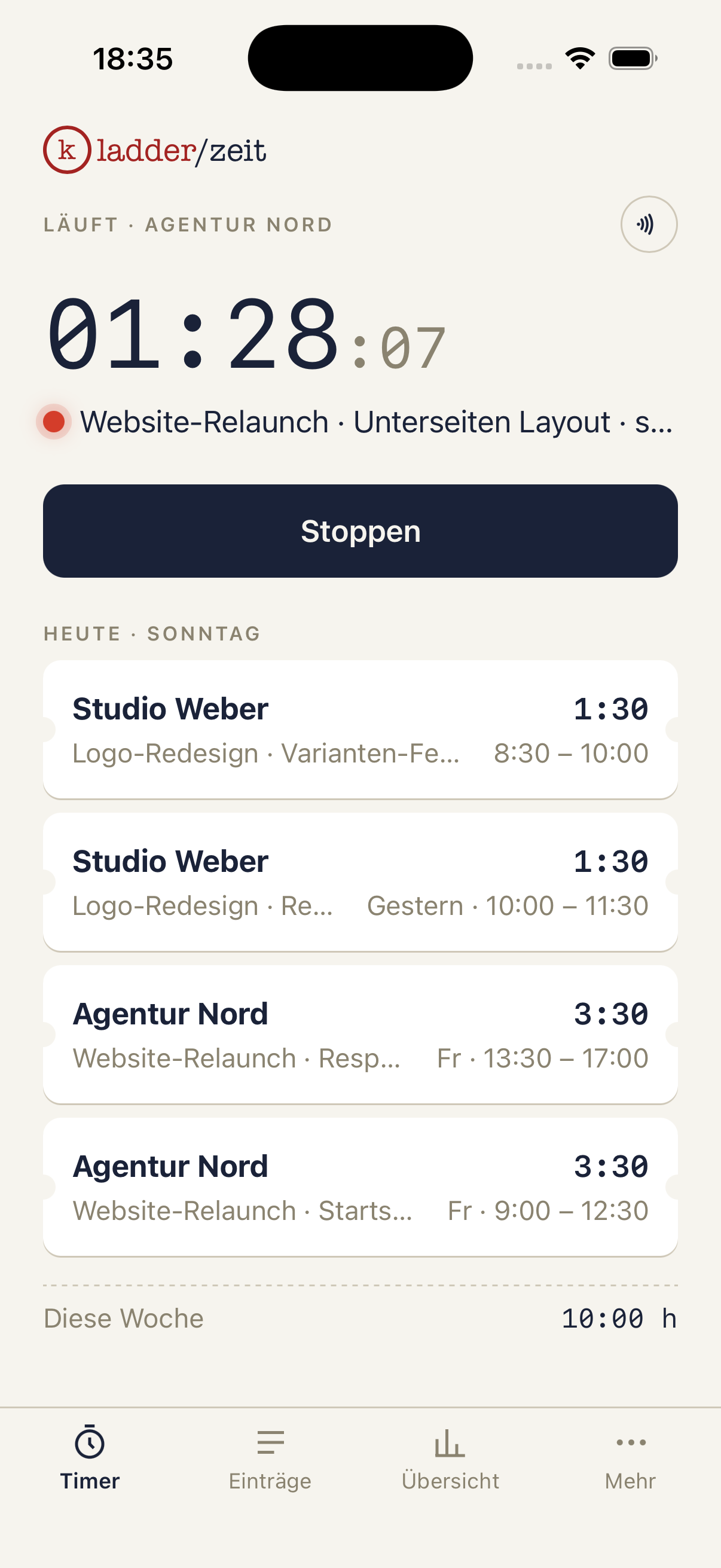 Kladder – Zeit: Timer-Ansicht